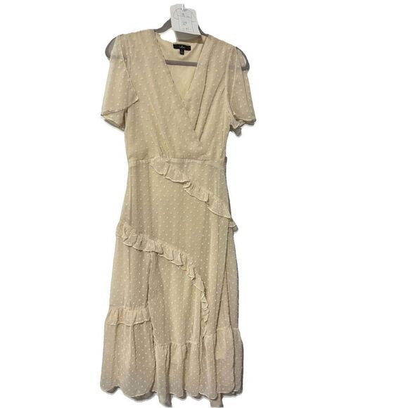 Lulus Womens Swiss Dot Ruffled Midi Dress S Cream Front Slit Beach Travel V-Neck - Picture 7 of 11